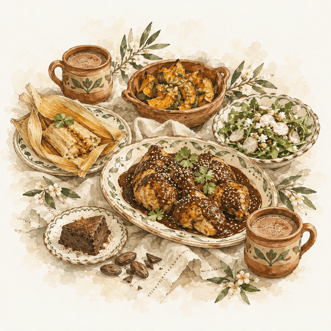 Watercolor illustration of chicken with mole, a corn-husk tamale, roasted squash, salad, chocolate dessert, and terracotta cups of cacao